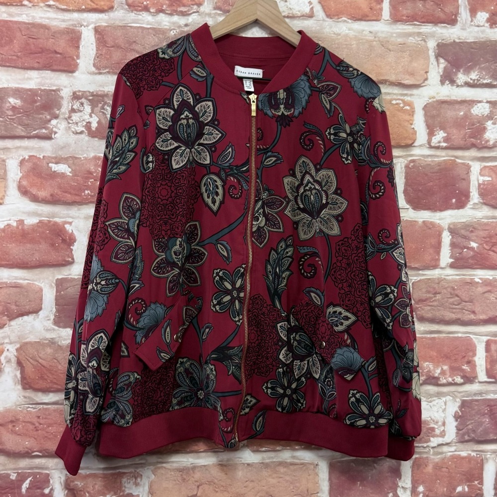 Susan Graver Jacket Women's 1X Dark Red Multicolor Boho Floral Casual Zip Up - Picture 2 of 9